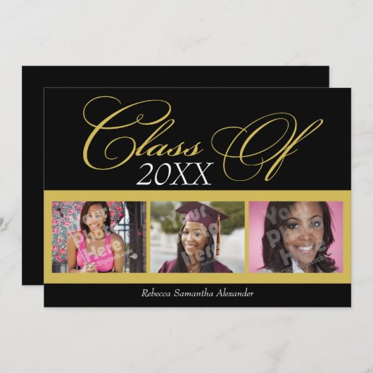 黒渦巻形の/金ゴールド3写真卒業のお知らせ 招待状 (正面/裏面)