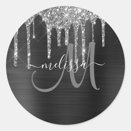 黒滴下ガーリーグリッターブラシ金属モノグラム ラウンドシール (正面)