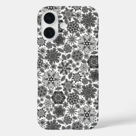 黒灰白レトロフラワーアートシームレスパターン iPhone 16ケース