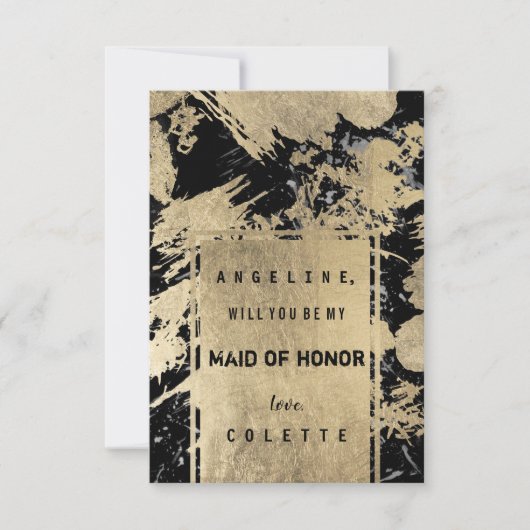 黒灰色と偽のゴールドの水彩のしぶきがデザインされた名誉のメイド 招待状 (正面)