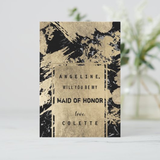 黒灰色と偽のゴールドの水彩のしぶきがデザインされた名誉のメイド 招待状 (スタンド正面)