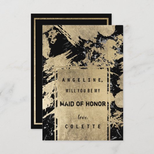 黒灰色と偽のゴールドの水彩のしぶきがデザインされた名誉のメイド 招待状 (正面/裏面)