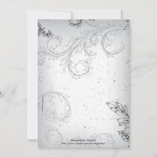 黒灰色のスクロール結婚リーフシルバーの記念日 招待状 (裏面)