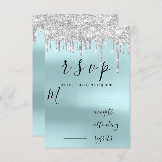 黒灰色シルバーアクアの垂れるウェディング 出欠カード (正面/裏面)