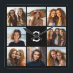 黒無地の色写真コラージュカスタムモノグラム スクエア壁時計<br><div class="desc">8枚の写真とカスタム文字を追加しユニークて、壁の記念に。このアートには、モノグラムやその他の写真を追加できる文字ボックスを囲む8つの文字が含まれる。</div>