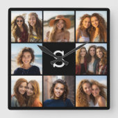 黒無地の色写真コラージュカスタムモノグラム スクエア壁時計 (正面)