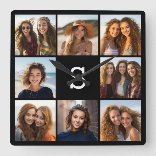 黒無地の色写真コラージュカスタムモノグラム スクエア壁時計 (正面)