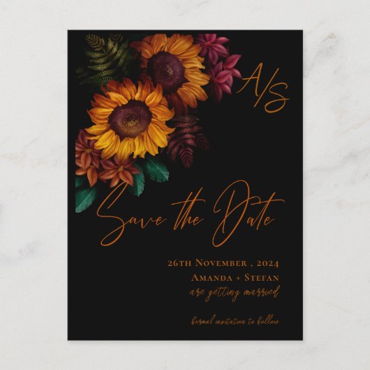 黒焦げオレンジ色のモノグラム結婚式の日付を保存 ポストカード (正面)