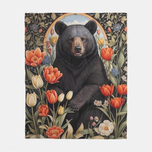 黒熊のチューリカラフルップの花 フリースブランケット (正面)
