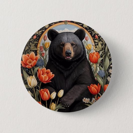 黒熊のチューリカラフルップの花 缶バッジ (正面)