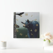 黒熊、レイヴン&トーテムポールアート スクエア壁時計 (ホーム)