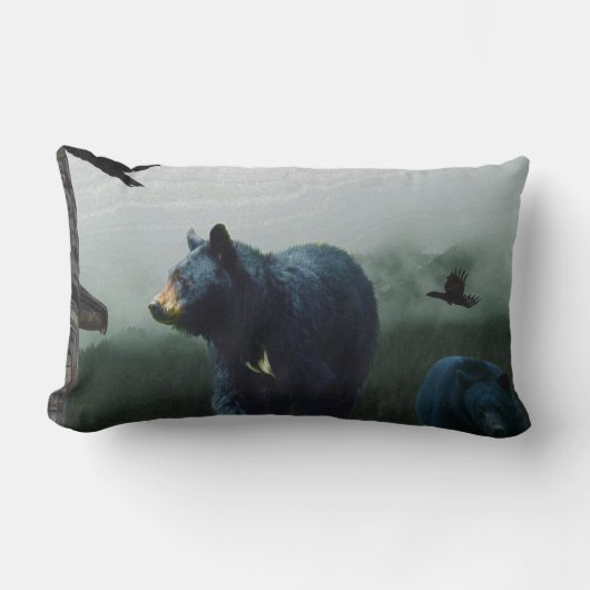 黒熊、レイヴン、トーテムポール・アート ランバークッション (正面)