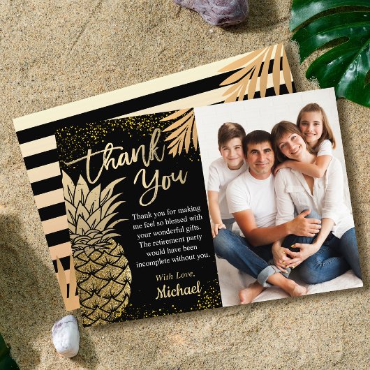 黒熱帯モダン金ゴールドパイナップル夏の写真 サンキューカード