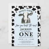 黒牛のプリント 青いアーチ ホーリーコー 1歳の誕生日 招待状 (正面)