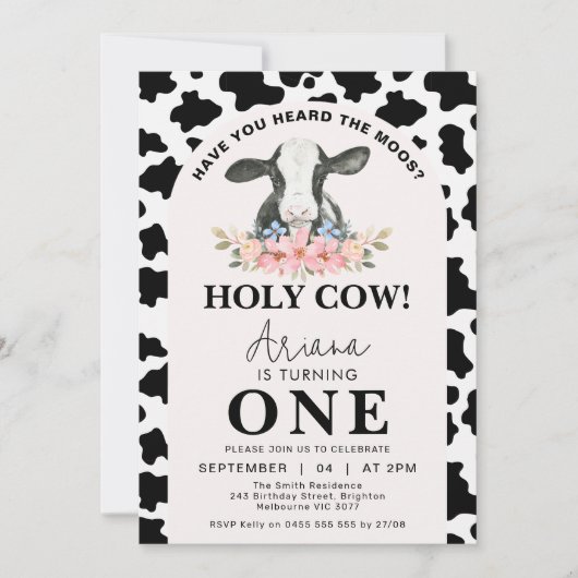 黒牛プリントアーチフローラ聖牛第1誕生日 招待状 (正面)