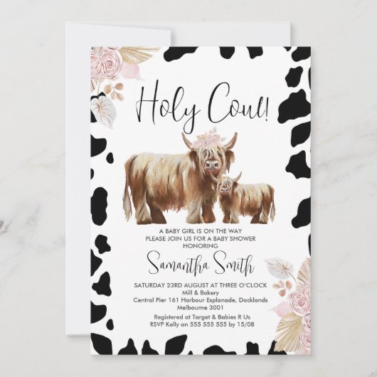 黒牛プリントハイランド牛ベビーシャワー 招待状 (正面)