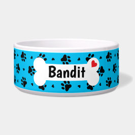 黒犬と青の犬の手のプリントとハートパターン ボウル