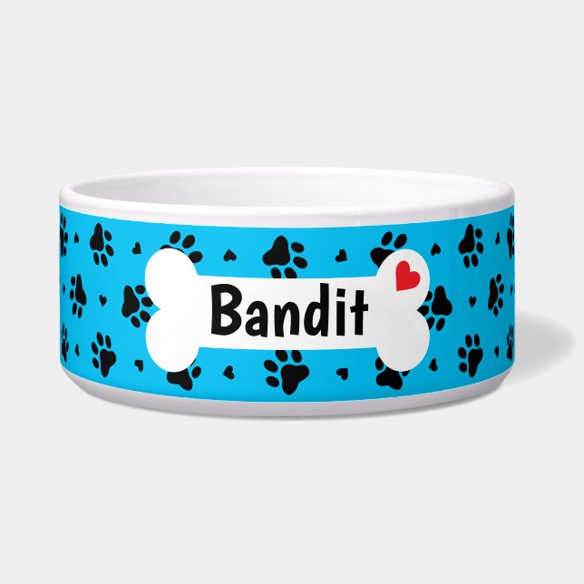 黒犬と青の犬の手のプリントとハートパターン ボウル (正面)