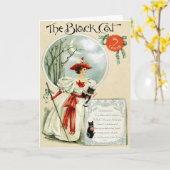 「黒独占的猫」アールヌーボーハロウィン カード (黄色い花)