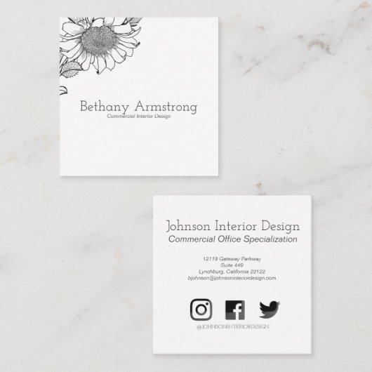 黒独身の白ひまわり茎名刺 スクエア名刺 (正面/裏面)