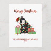 黒猫おもしろいとクリスマスのライトクリスマス シーズンポストカード (正面)