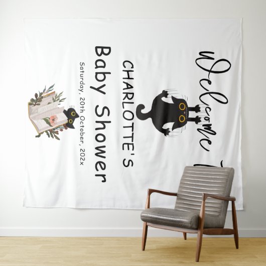 黒猫おもしろいと本の赤ちゃんシャワー背景 タペストリー (インサイチュ(横))