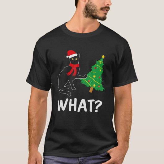 黒猫おもしろいのクリスマスツリー Tシャツ (正面)