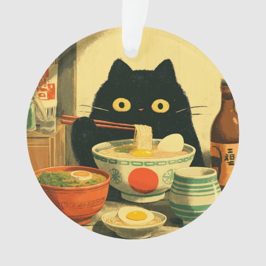 黒猫おもしろいの食べラーメン オーナメント (正面)