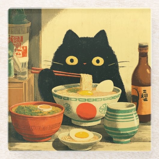 黒猫おもしろいの食べラーメン ガラスコースター (正面)