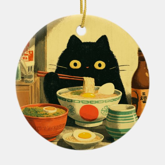 黒猫おもしろいの食べラーメン セラミックオーナメント (正面)