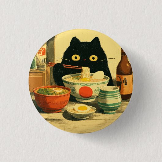 黒猫おもしろいの食べラーメン | 日本のヴィンテージ 缶バッジ (正面)