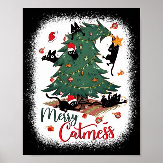 黒猫おもしろいクリスマスツリーメリーの猫 ポスター (正面)