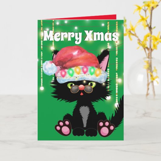 黒猫おもしろいサンタハットの木がユーモアを照らす カード (黄色い花)