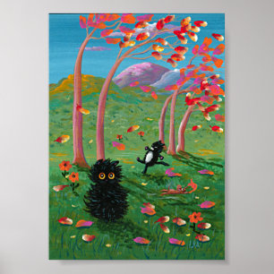 黒猫おもしろいネズミの木々の創造 ポスター