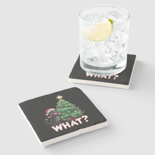 黒猫おもしろい何クリスマスクリスマスツリー ストーンコースター (横)