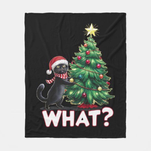 黒猫おもしろい何クリスマスクリスマスツリー フリースブランケット (正面)