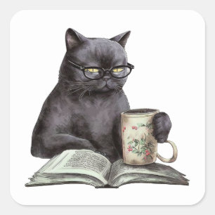 黒猫おもしろい本の恋人ブックウォームコーヒー読ズ スクエアシール