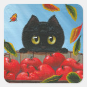 黒猫おもしろい赤りんごクリエイションアート スクエアシール (正面)