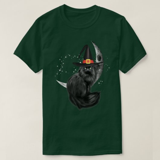 黒猫おもしろい魔女帽子とムーン怖いハロウィーン Tシャツ (デザイン正面)