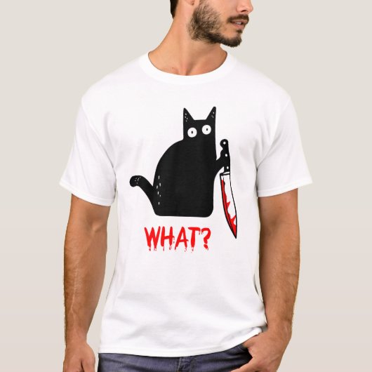黒猫おもしろいWHAT殺意のある猫保持ナイフ4 Tシャツ (正面)