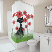 黒猫および赤いケシ シャワーカーテン (インサイチュ)