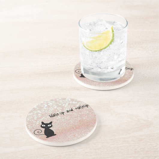 黒猫お洒落キラキラ目を覚ますとメイクアップ コースター (側面)