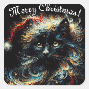 黒猫お洒落サンタ・クリスマスハット季節 スクエアシール
