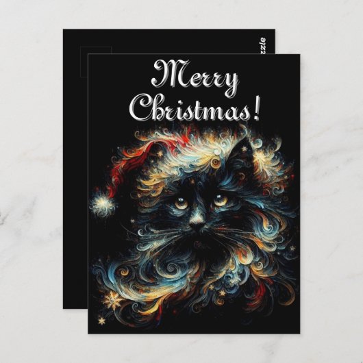 黒猫お洒落サンタ・クリスマスハット季節 ポストカード (正面/裏面)