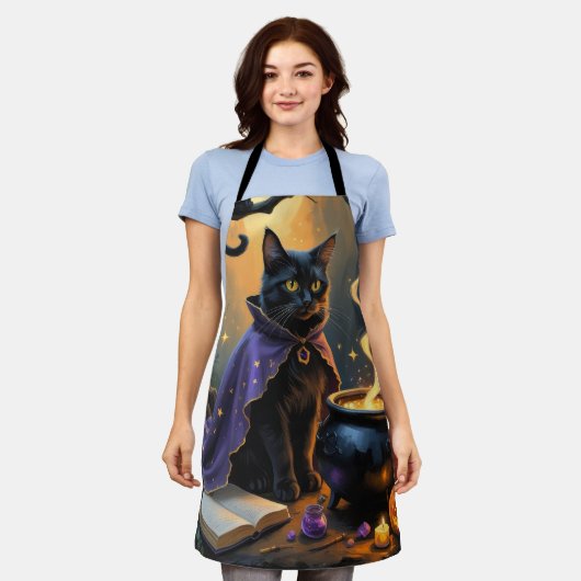 黒猫お洒落ハロウィン絵を描ズ エプロン (着用した状態)
