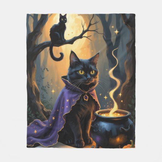 黒猫お洒落ハロウィン絵を描ズ フリースブランケット (正面)