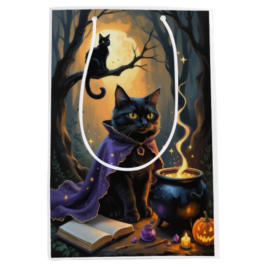 黒猫お洒落ハロウィン絵を描ズ ミディアムペーパーバッグ (正面)