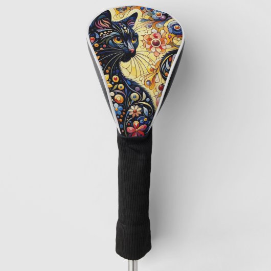 黒猫お洒落抽象芸術フローラ絵画ズ・アート ゴルフヘッドカバー (正面)