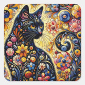 黒猫お洒落抽象芸術フローラ絵画ズ・アート スクエアシール (正面)