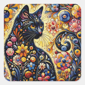 黒猫お洒落抽象芸術フローラ絵画ズ・アート スクエアシール